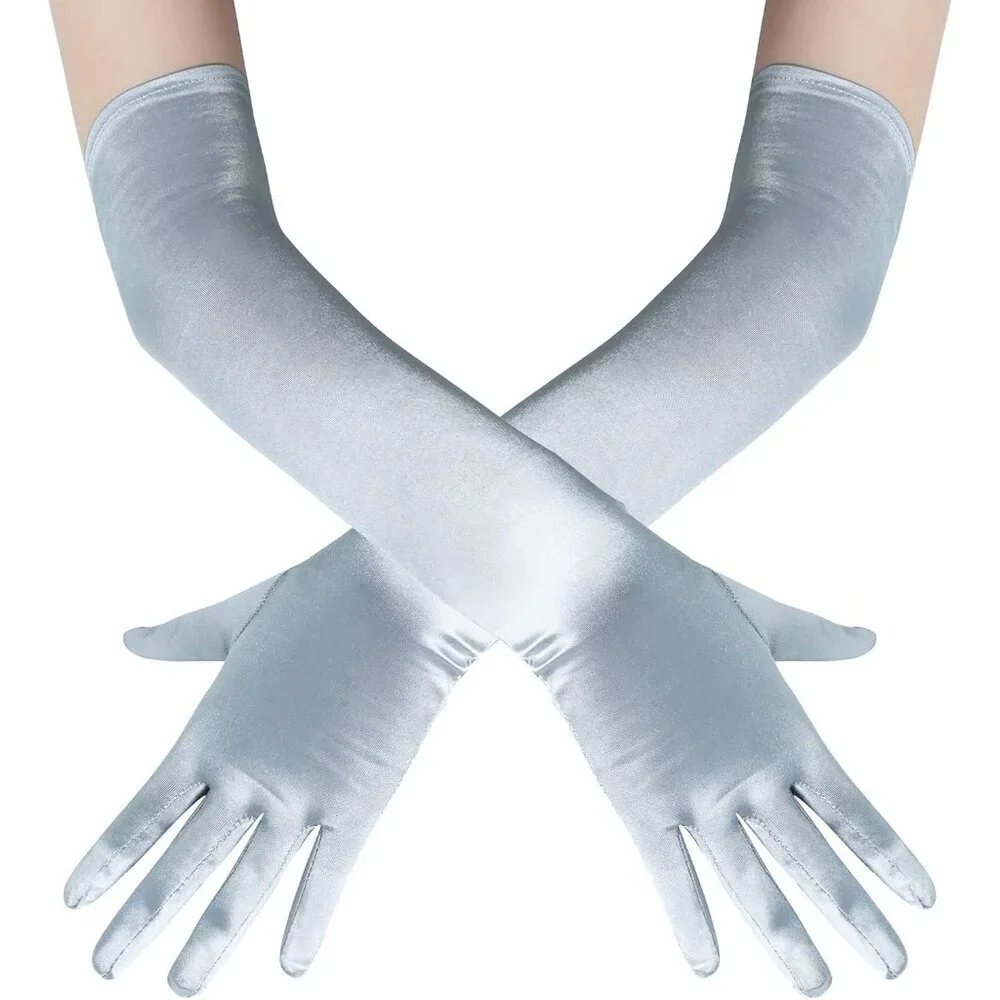 Women's Silver Vintage Satin Long Gloves Party Costume Stretchy Elbow Length
